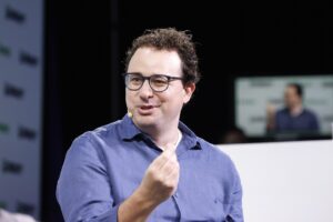 Anthropic co-founder and CEO Dario Amodei speaking on stage at TechCrunch Disrupt 2023 in San Francisco