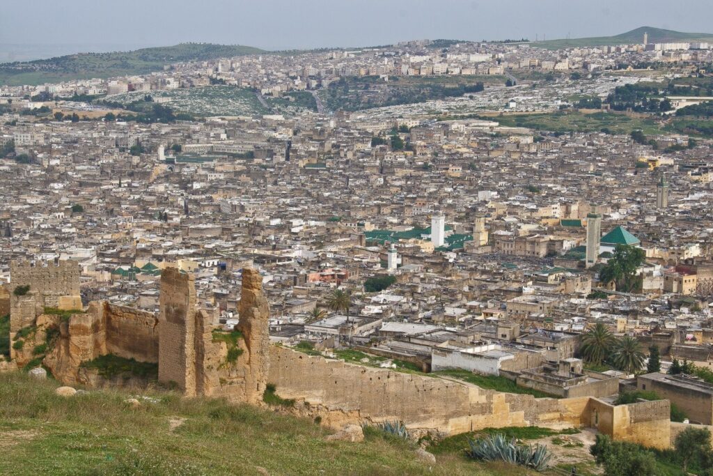 Panoramic view over the dense rooftops, minarets and green-tiled roofs of Fès el-Bali, seen from the ruined walls near the Merinid Tombs