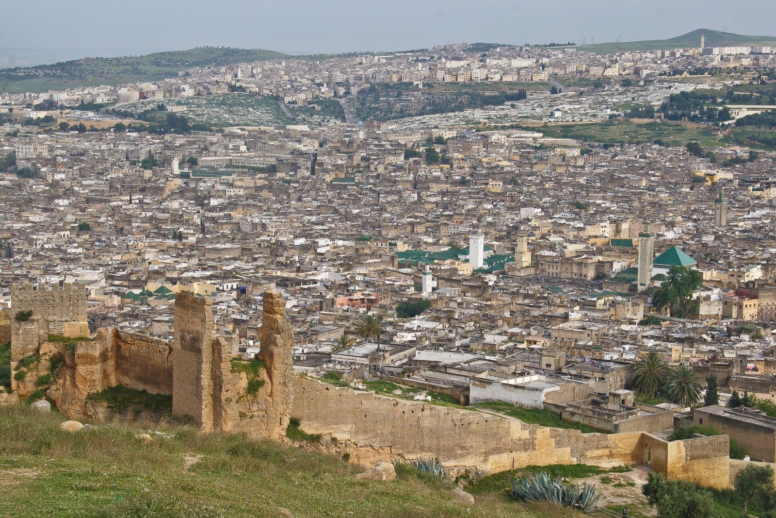 Panoramic view over the dense rooftops, minarets and green-tiled roofs of Fès el-Bali, seen from the ruined walls near the Merinid Tombs