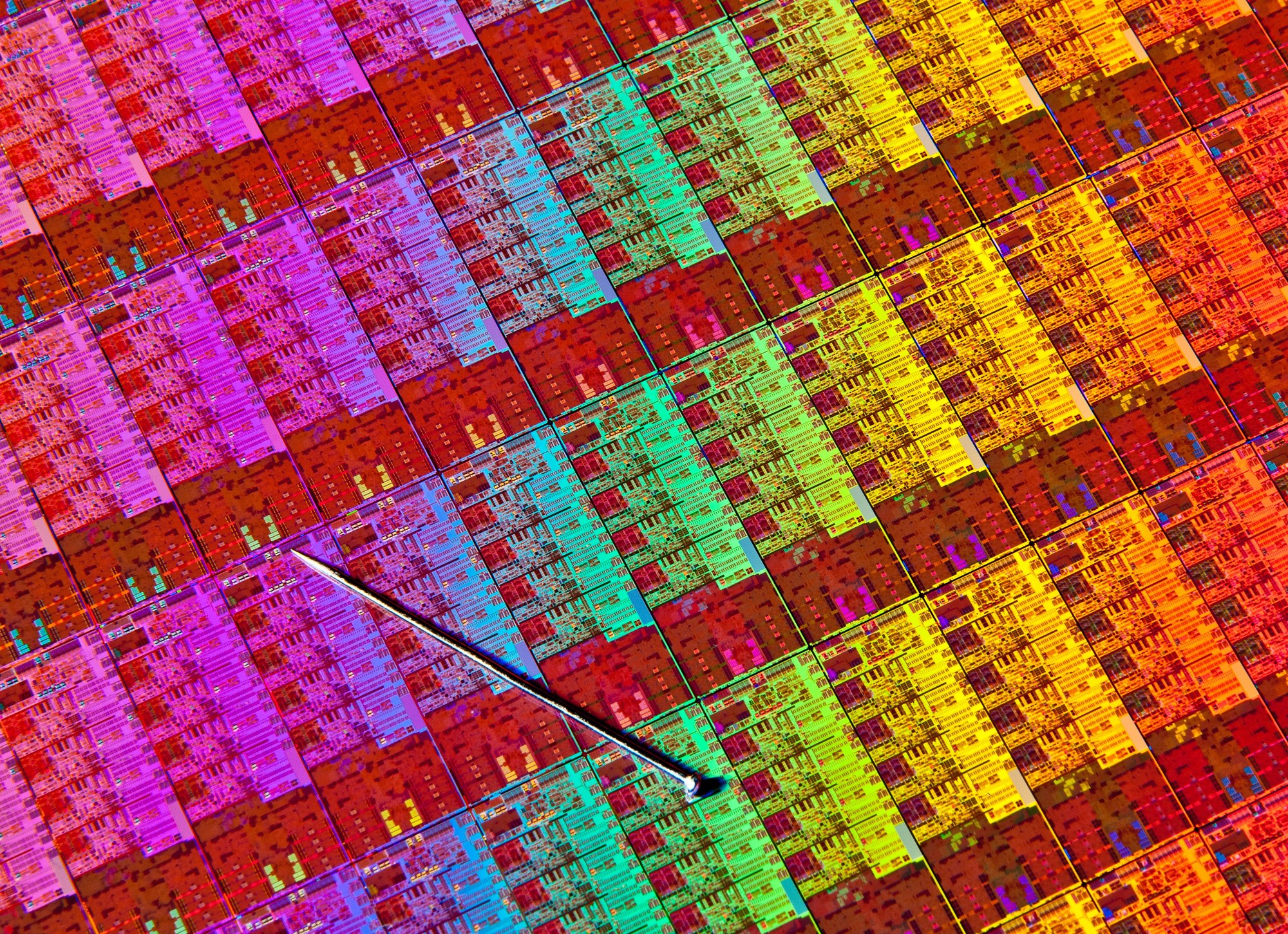 Silicon wafer with a finished chip package resting on its surface