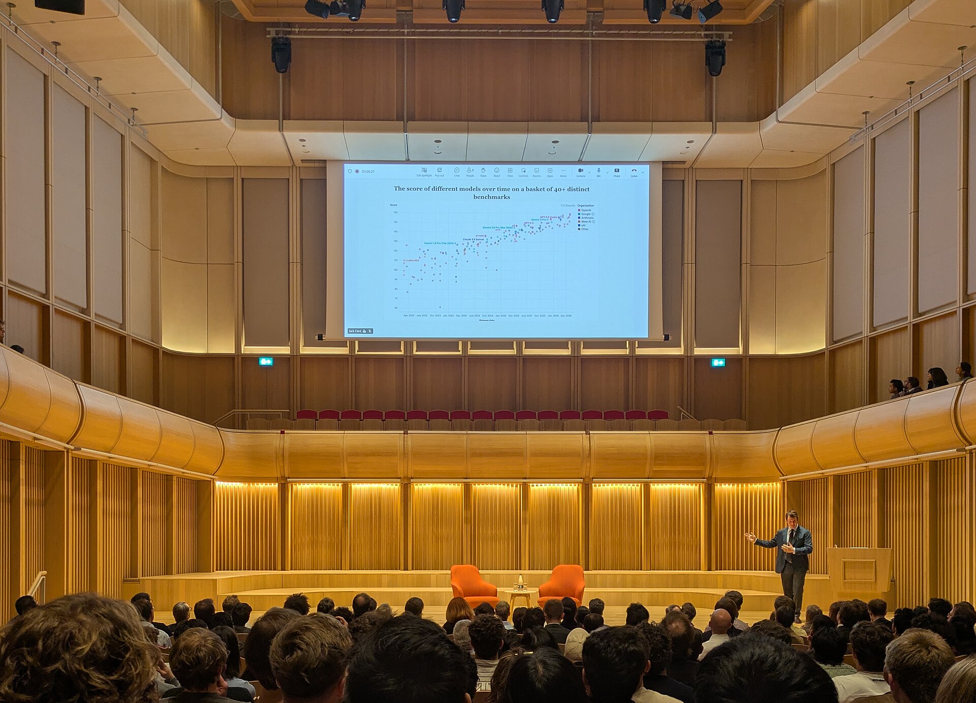 Anthropic co-founder Jack Clark presenting a chart of AI benchmark scores to a full auditorium at the Schwarzman Centre in Oxford