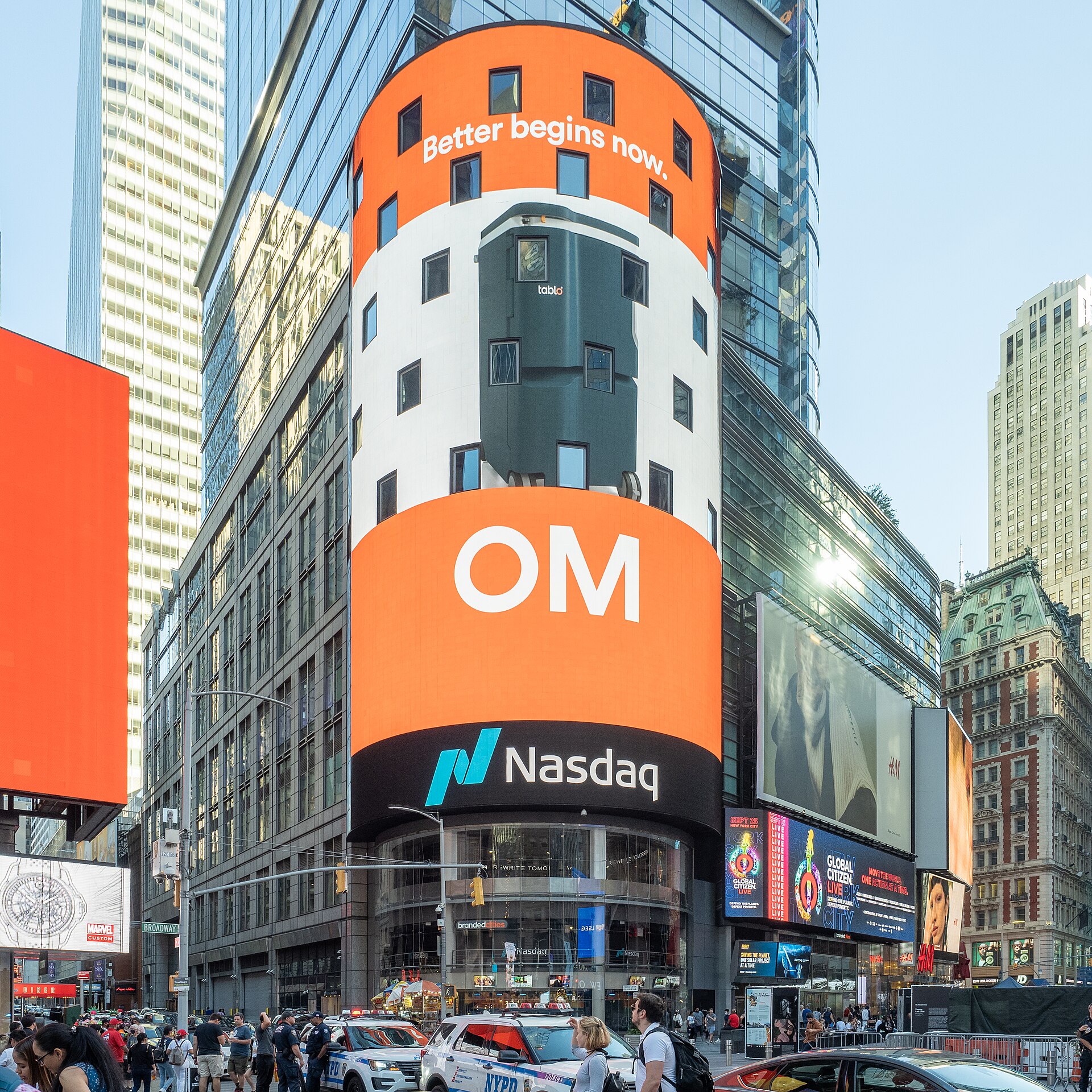 The Nasdaq MarketSite tower with its cylindrical video screen in Times Square, New York